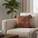 Handcrafted Maroon Cushion Cover – 12"x12" | Diamond Patchwork Embroidery | Tassel Accents | Premium Poly Cotton