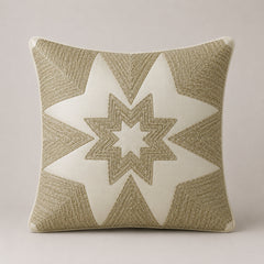 Machine Crafted Beige Cushion Cover – 12"x12" | Geometric Star Patchwork Embroidery | Premium Poly-Cotton Decorative Cushion Cover