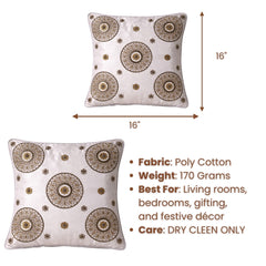 Hand Crafted Cushion Cover – White | 16"x16" | Poly Cotton Fabric | Embroidered Mandala Design