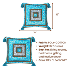 Handcrafted Turquoise Cushion Cover – 16"x16" | Square Embellished Design with Tassels | Premium Poly Cotton