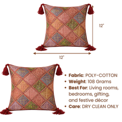 Handcrafted Maroon Cushion Cover – 12"x12" | Diamond Patchwork Embroidery | Tassel Accents | Premium Poly Cotton