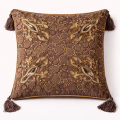 Hand Crafted Cushion Cover – Brown | 16"x16" | Poly Cotton | Embroidered Circle & Motif Design