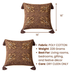 Hand Crafted Cushion Cover – Brown | 16"x16" | Poly Cotton | Embroidered Circle & Motif Design