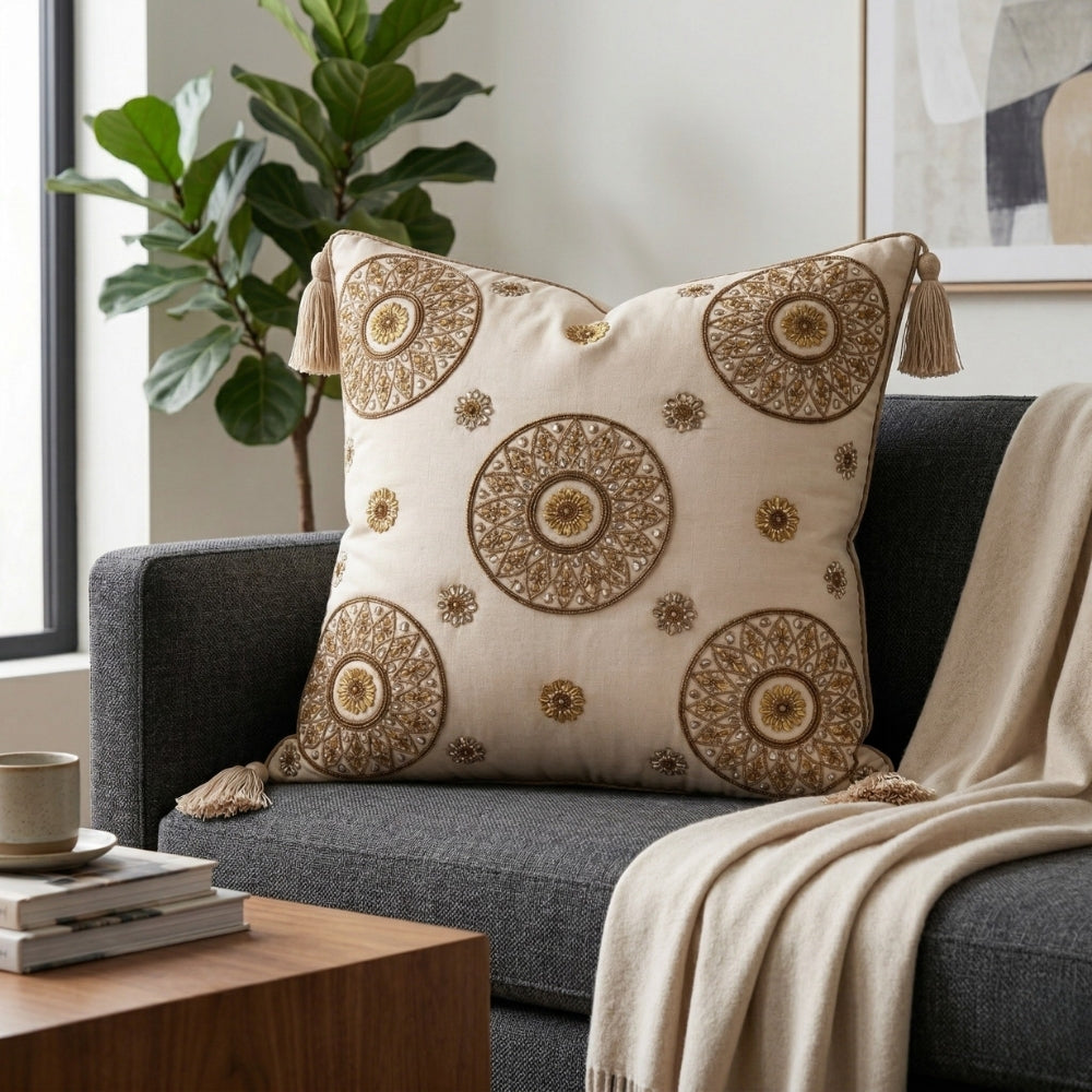 Hand Crafted Cushion Cover – Cream | 16"x16" | Poly Cotton Fabric | Embroidered Mandala Design with Tassels