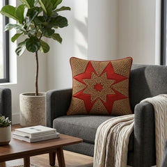 Machine Crafted Red Cushion Cover – 16"x16" | Geometric Star Patchwork Embroidery | Premium Poly-Cotton Decorative Cushion Cover