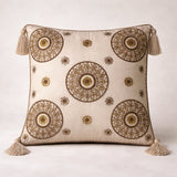 Hand Crafted Cushion Cover – Cream | 16"x16" | Poly Cotton Fabric | Embroidered Mandala Design with Tassels