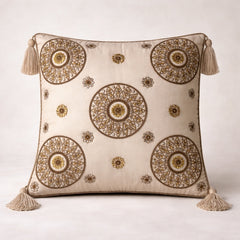Hand Crafted Cushion Cover – Cream | 16"x16" | Poly Cotton Fabric | Embroidered Mandala Design with Tassels