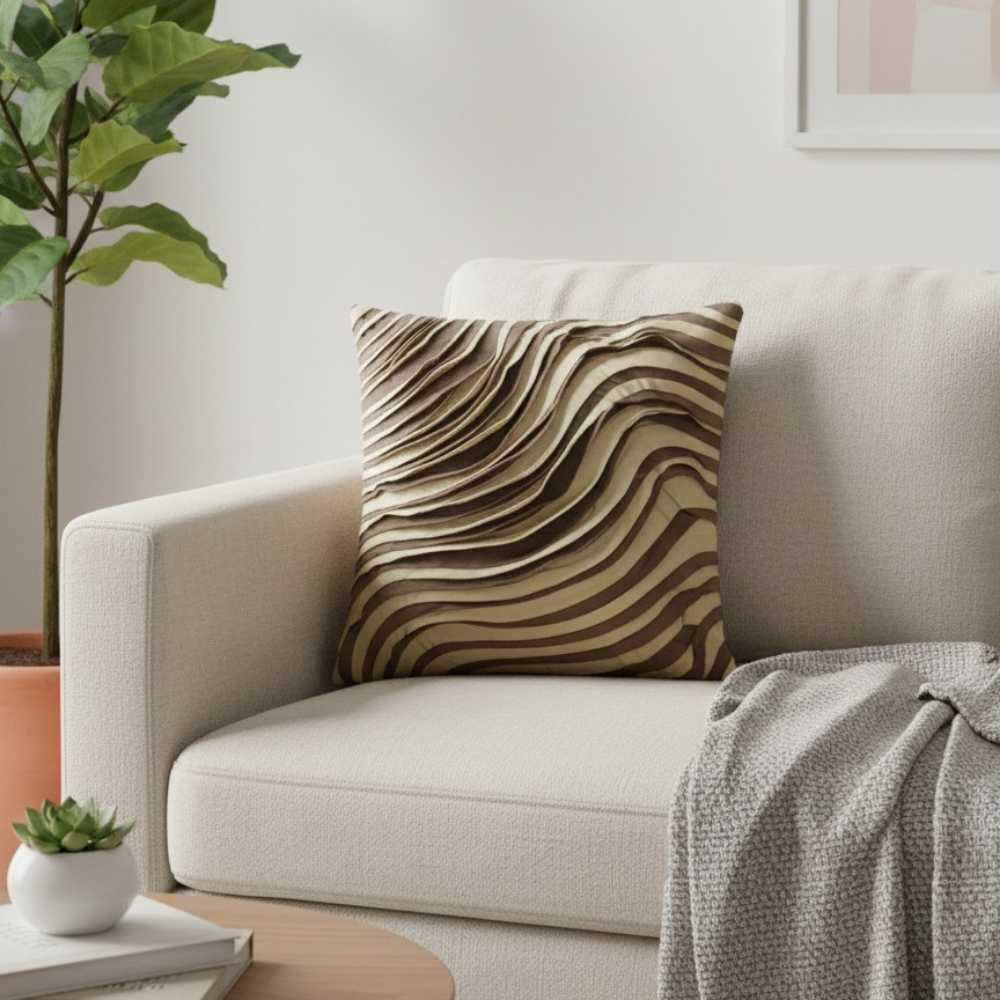 Fabric-Crafted Brown Cushion Cover – 16"x16" | Modern Wave-Pattern Design | Poly Cotton Foam |