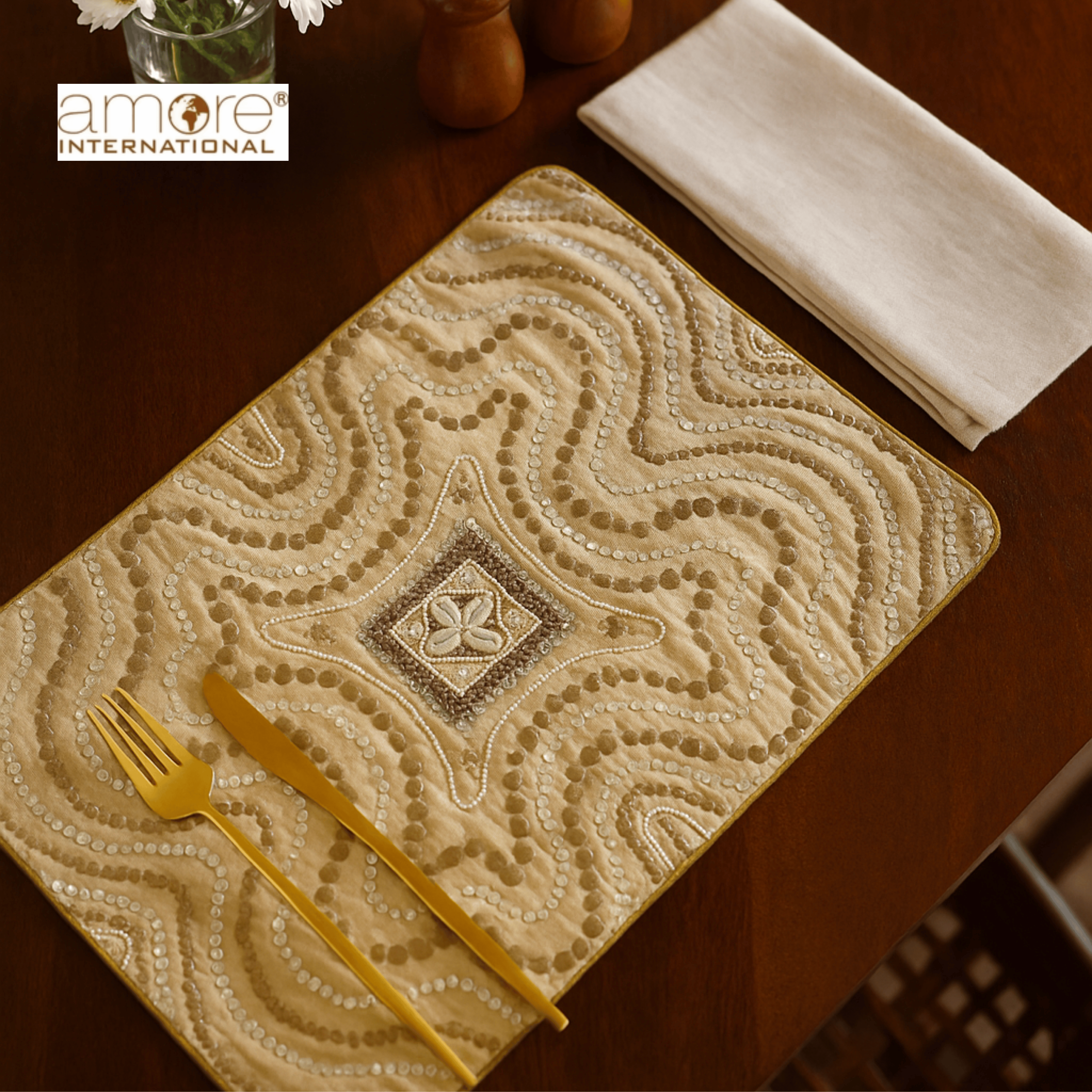 Handcrafted Embroidered Placemat – Beige, 12"x18"