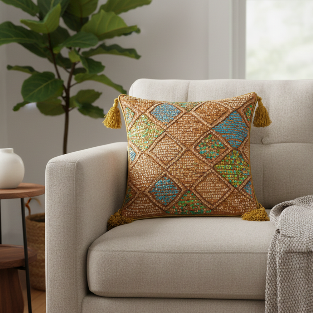 Handcrafted Orange Cushion Cover – 12"x12" | Diamond Patchwork Embroidery | Tassel Accents | Premium Poly Cotton