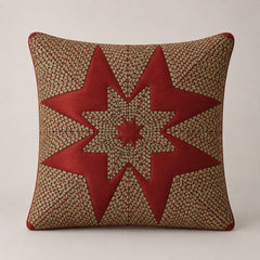 Machine Crafted Red Cushion Cover – 16"x16" | Geometric Star Patchwork Embroidery | Premium Poly-Cotton Decorative Cushion Cover