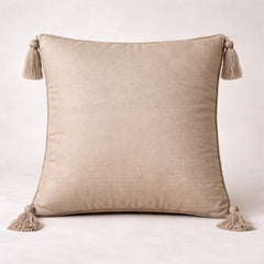 Hand Crafted Cushion Cover – Cream | 16"x16" | Poly Cotton Fabric | Embroidered Mandala Design with Tassels