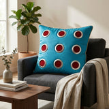 Hand Crafted Cushion Cover – Turquoise | 16"x16" | Poly Cotton | Designer Ring Embellished Pattern