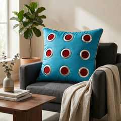 Hand Crafted Cushion Cover – Turquoise | 16"x16" | Poly Cotton | Designer Ring Embellished Pattern