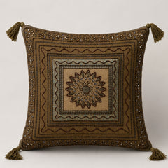 Handcrafted Cushion Cover – Metallic Brown | 16"x16" | Decorative Embroidered Tassel Cushion Cover