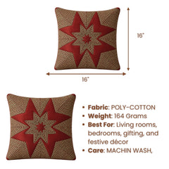 Machine Crafted Red Cushion Cover – 16"x16" | Geometric Star Patchwork Embroidery | Premium Poly-Cotton Decorative Cushion Cover