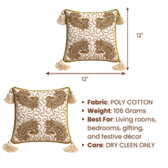 Hand Crafted Cushion Cover – Cream | 12"x12" | Poly Cotton | Embroidered Paisley Design