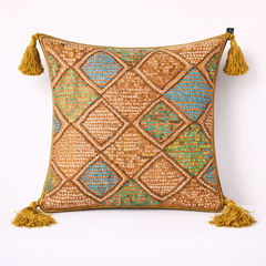 Handcrafted Orange Cushion Cover – 12"x12" | Diamond Patchwork Embroidery | Tassel Accents | Premium Poly Cotton