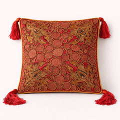 Hand Crafted Cushion Cover – Maroon | 16"x16" | Poly Cotton | Embroidered Circle & Motif Design