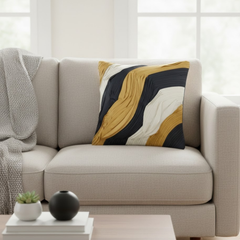 Fabric-Crafted Black Cushion Cover – 16"x16" | Triple-Tone Pleated Waves | Premium Poly Cotton