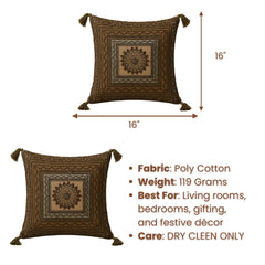 Handcrafted Cushion Cover – Metallic Brown | 16"x16" | Decorative Embroidered Tassel Cushion Cover