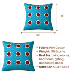 Hand Crafted Cushion Cover – Turquoise | 16"x16" | Poly Cotton | Designer Ring Embellished Pattern