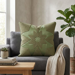 Machine Crafted Green Cushion Cover – 16"x16" | Geometric Star Patchwork Embroidery | Premium Poly-Cotton Decorative Cushion Cover