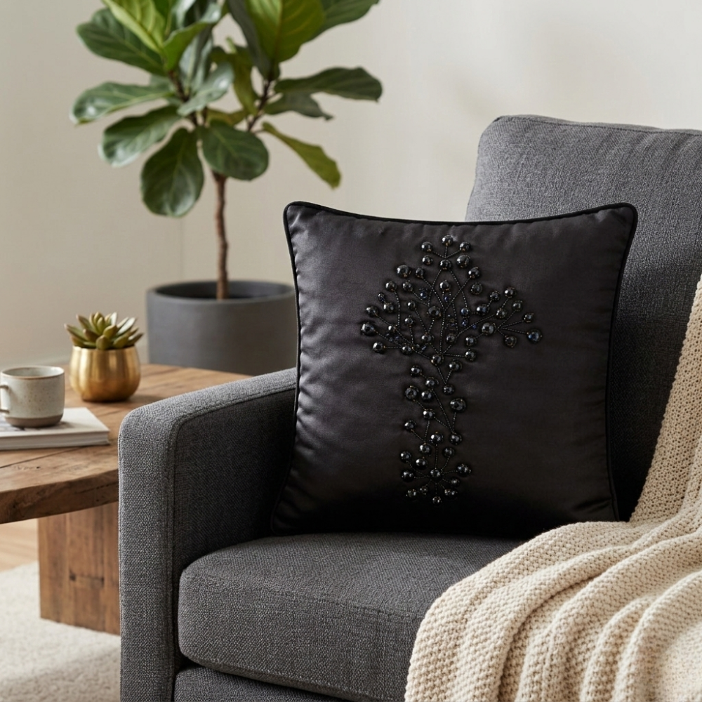 Hand Crafted Cushion Cover – Black | 12"x12" | Poly Cotton | Embroidered Floral Design