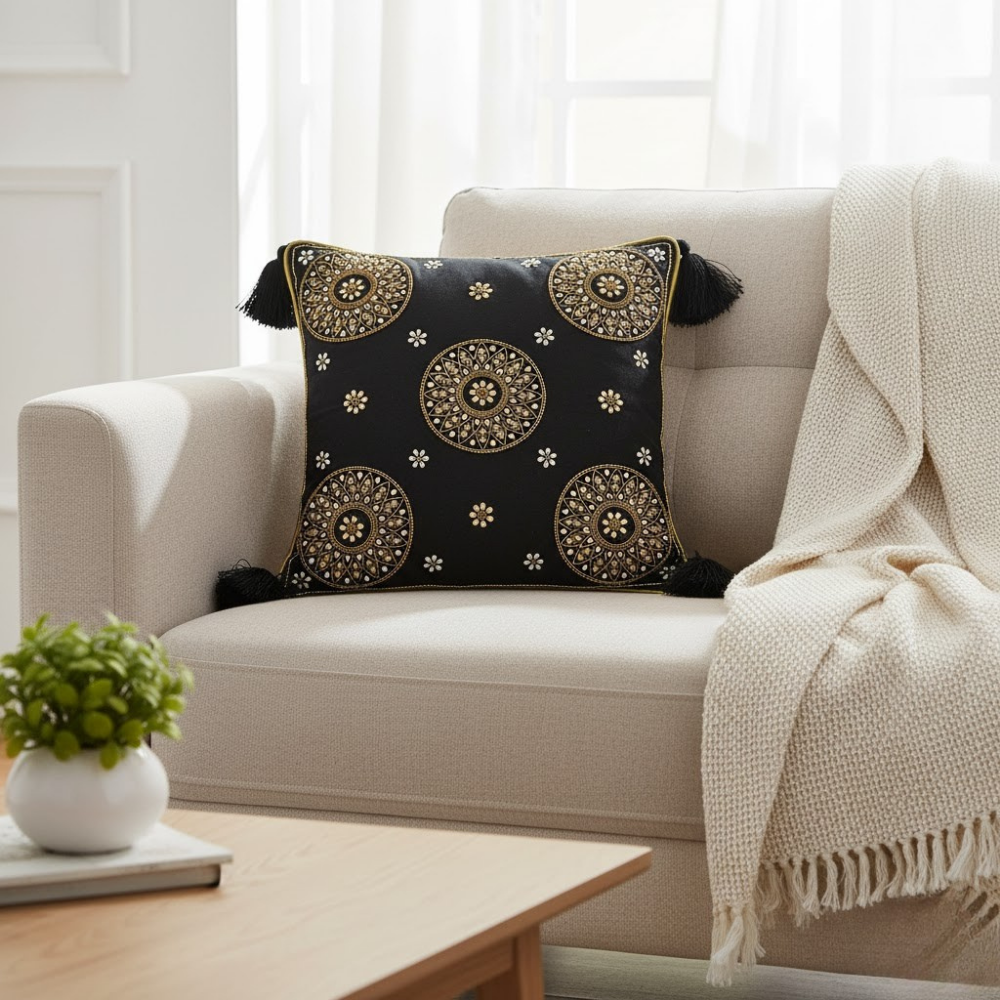 Handcrafted Black Cushion Cover – 16"x16", Premium Poly Cotton