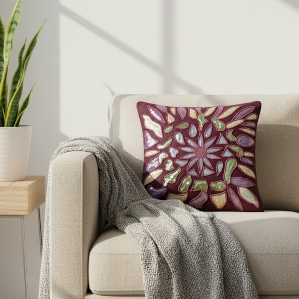 Handcrafted Purple Cushion Cover – 12"x12" | Artistic Multi-Color Embroidered Floral Design | Premium Poly Cotton