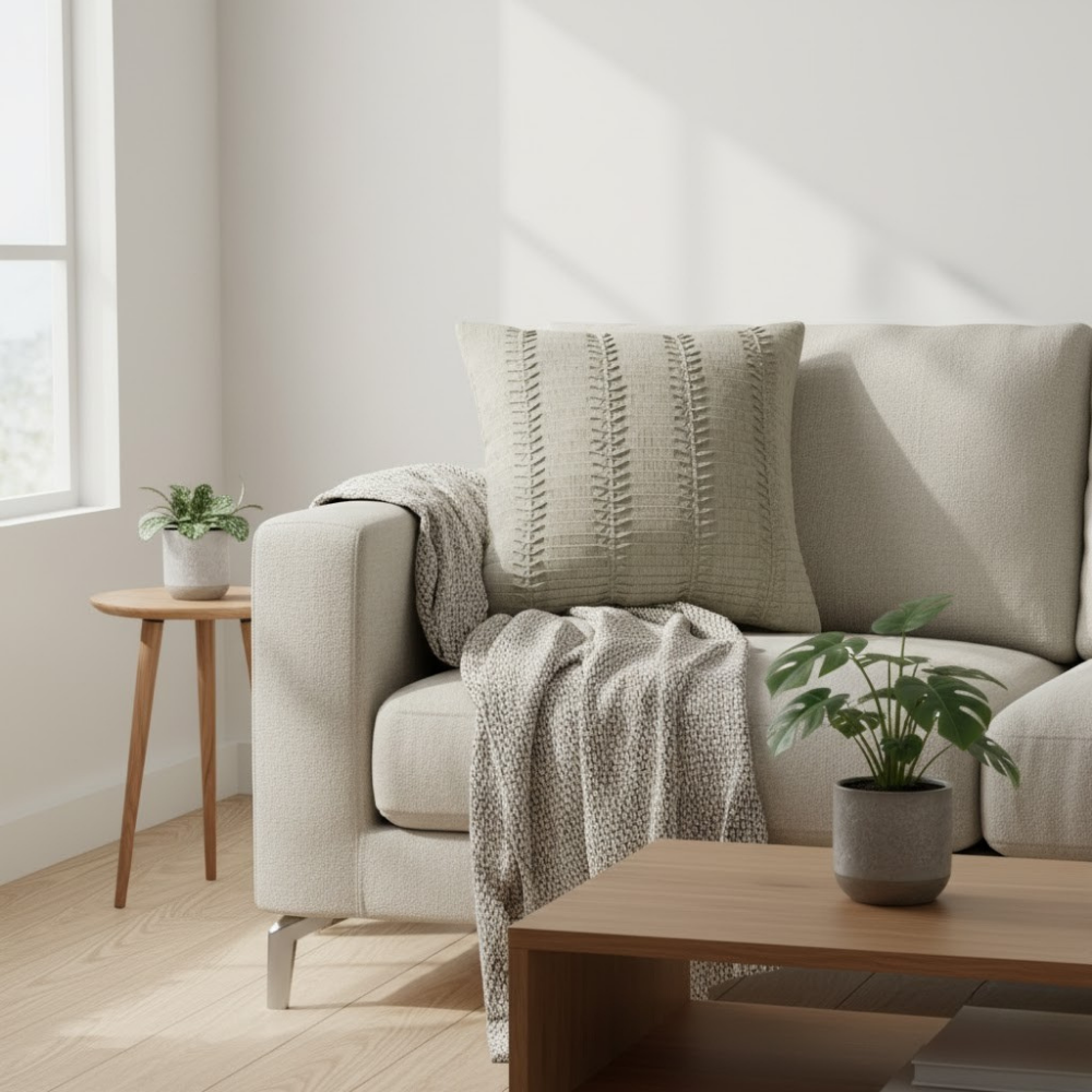 Fabric-Crafted Khaki Cushion Cover – 16"x16", Vertical Pleated Texture in Premium Poly Cotton