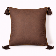 Handcrafted Brown Cushion Cover – 16"x16" | Traditional Circular Embroidery | Tassel Detailing | Premium Poly Cotton