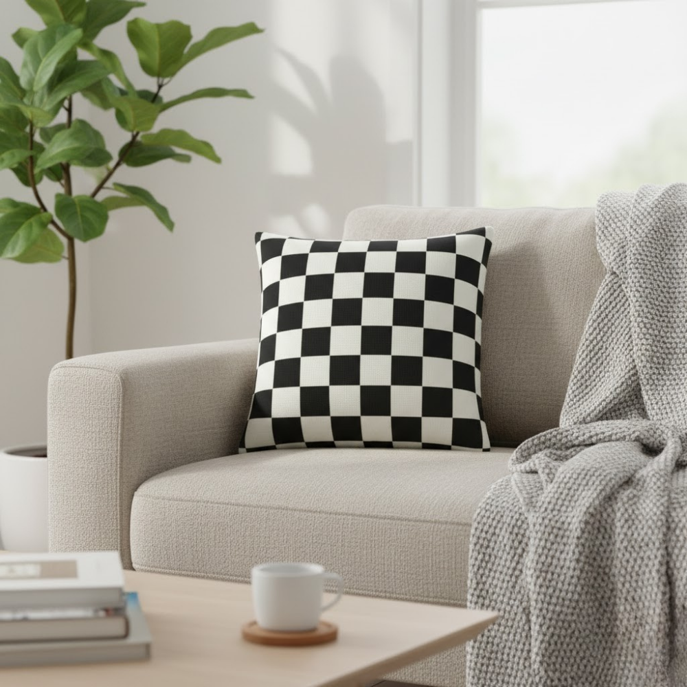 Fabric-Crafted White Cushion Cover – 16"x16", Interlock Design in Premium Poly Cotton