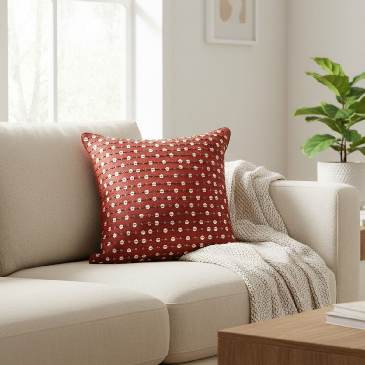 Handcrafted Red Cushion Cover – 16"x16", Premium Poly Cotton
