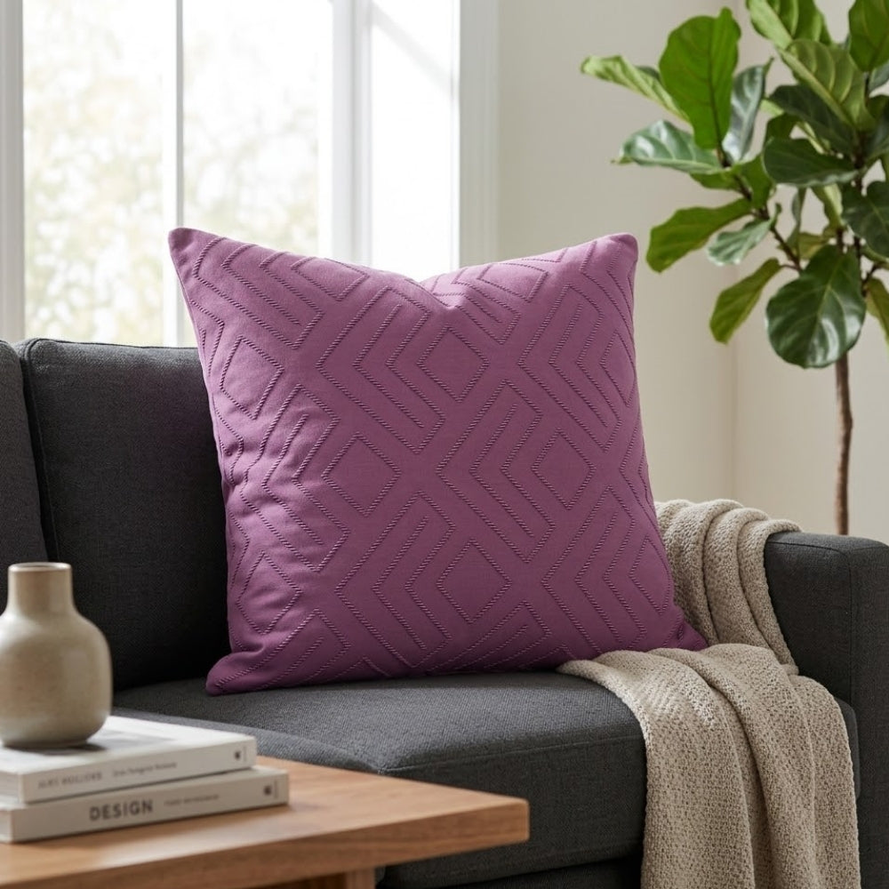 Handcrafted Cushion Cover – Purple | 16"x16" | Geometric Embroidered Decorative Cushion Cove