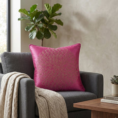 Machine Crafted Pink Cushion Cover – 16"x16" | Elegant Gold Floral Embroidery | Premium Poly-Cotton Decorative Cushion Cover