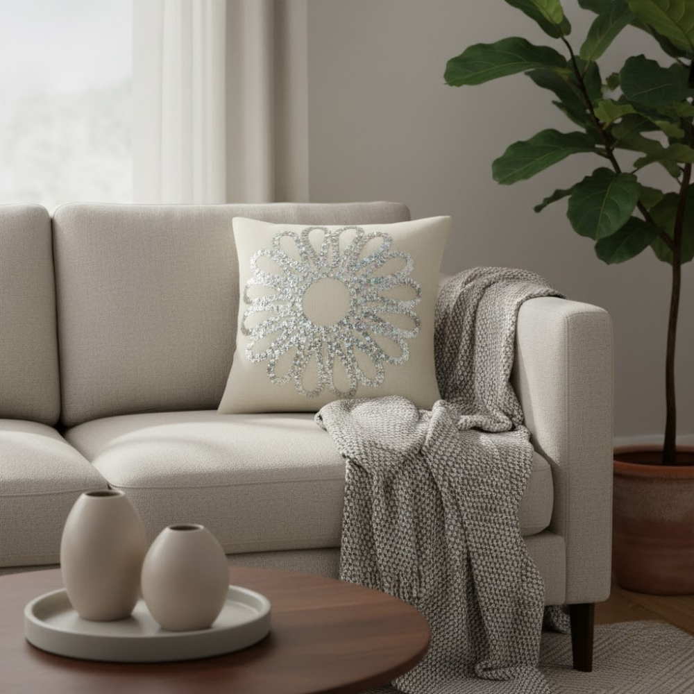 Handcrafted Cream Floral Cushion Cover – 12"x12", Premium Poly Cotton