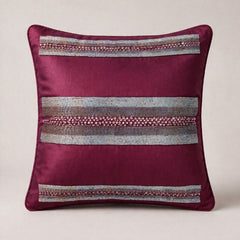 Hand Crafted Cushion Cover – Dark Purple | 12"x12" | Poly Cotton Fabric | Embellished Stripe Design