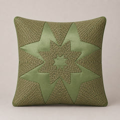 Machine Crafted Green Cushion Cover – 16"x16" | Geometric Star Patchwork Embroidery | Premium Poly-Cotton Decorative Cushion Cover