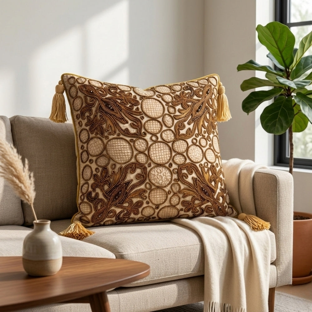 Hand Crafted Cushion Cover – Beige | 16"x16" | Poly Cotton | Embroidered Circle & Motif Design