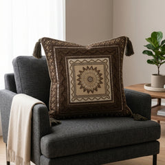 Handcrafted Cushion Cover – Dark Brown | 16"x16" | Decorative Embroidered Tassel Cushion Cover