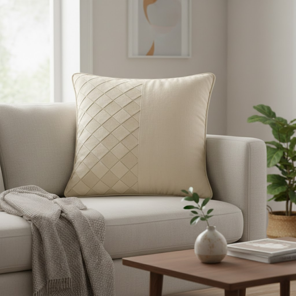 Fabric Crafted Cushion Cover – Beige | 16"x16" | Poly Cotton | Elegant Textured Design