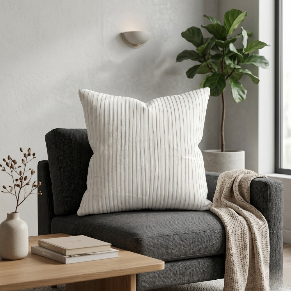 Fabric Crafted Cushion Cover – Off White | 16"x16" | Poly Cotton Foam Fabric | Premium Ribbed Texture Design