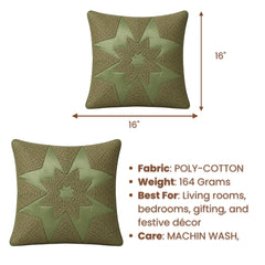 Machine Crafted Green Cushion Cover – 16"x16" | Geometric Star Patchwork Embroidery | Premium Poly-Cotton Decorative Cushion Cover