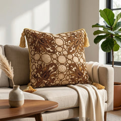Hand Crafted Cushion Cover – Beige | 16"x16" | Poly Cotton | Embroidered Circle & Motif Design