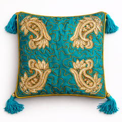 Hand Crafted Cushion Cover – Turquoise | 12"x12" | Poly Cotton | Embroidered Paisley Design