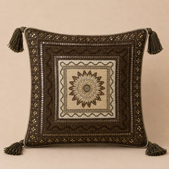 Handcrafted Cushion Cover – Dark Brown | 16"x16" | Decorative Embroidered Tassel Cushion Cover