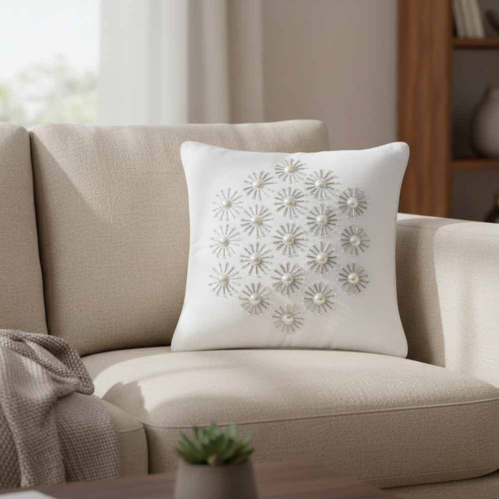 Handcrafted White Cushion Cover – 12"x12" | Poly Cotton | Elegant 3D Floral Detailing | Premium Festive Décor