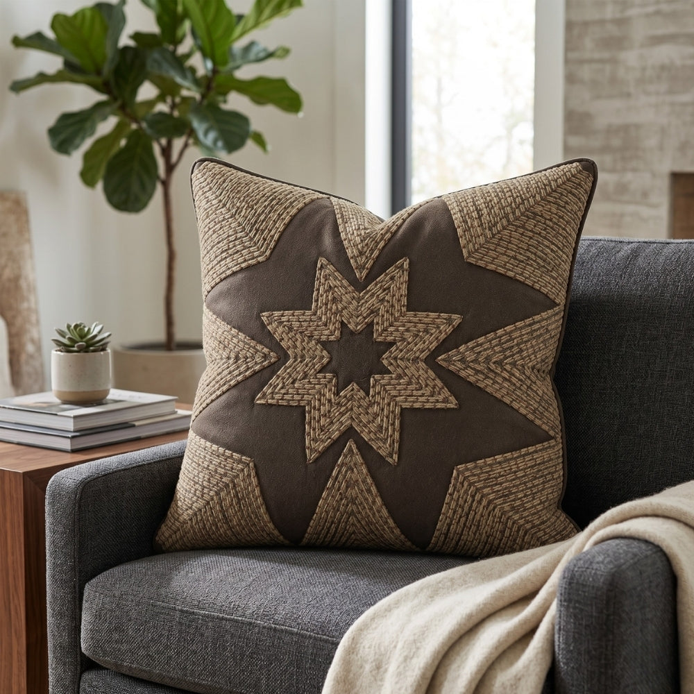 Machine Crafted Brown Cushion Cover – 16"x16" | Geometric Star Patchwork Embroidery | Premium Poly-Cotton Decorative Cushion Cover