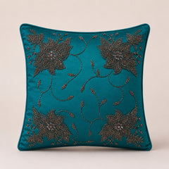Handcrafted Cushion Cover – Turquoise | 16"x16" | Floral Embroidered Decorative Cushion Cover